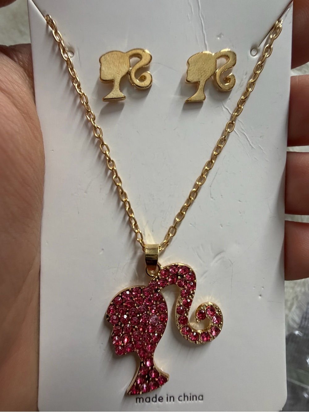Gold-tone Ponytail Silhouette Pendant Necklace & Stud Earrings - Pink Crystal
